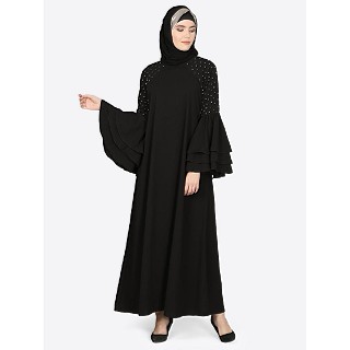 Designer abaya with multi layered bell sleeves- black